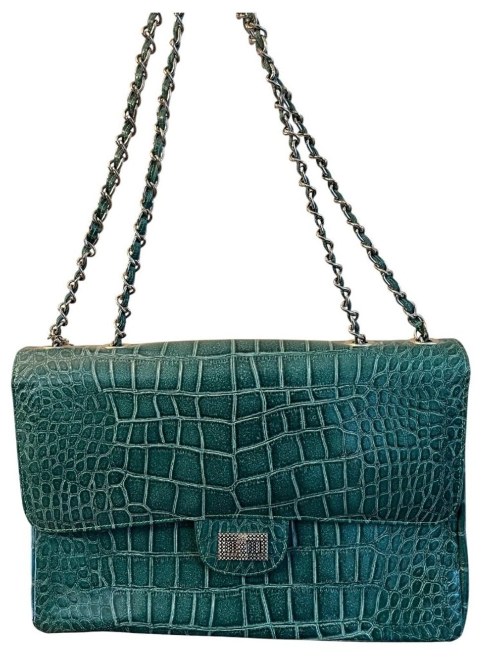 Andalossi Green Croc Embossed Leather Shoulder Bag Large Designer Purse Handbag